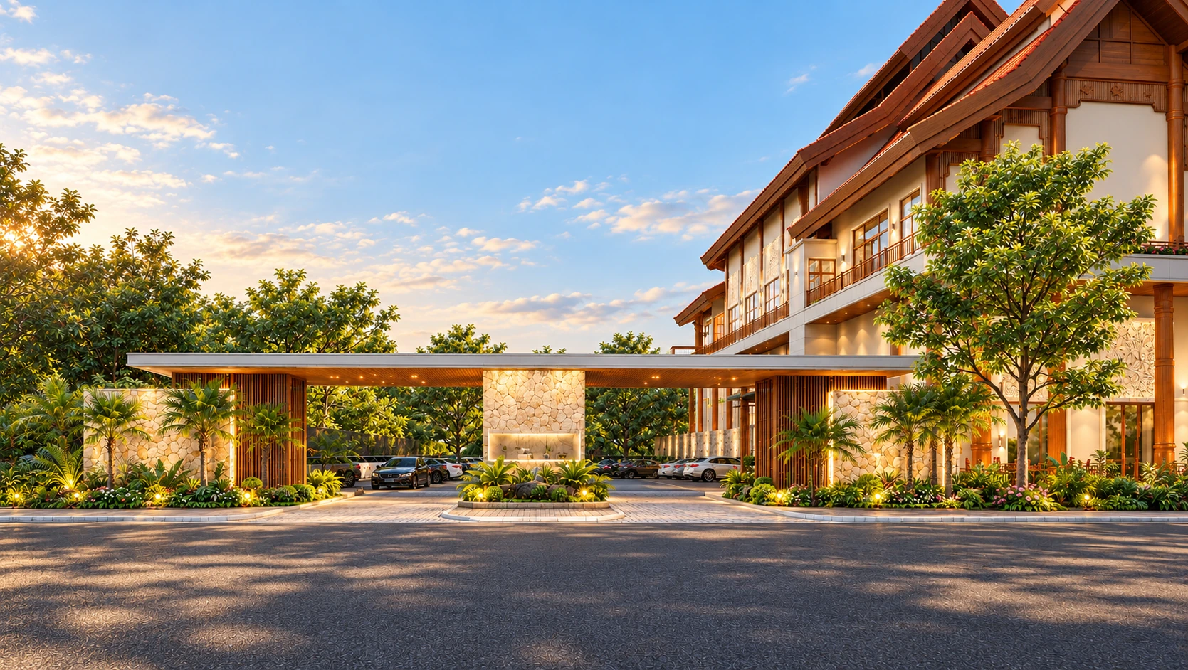 Samanea Forum entrance with stone piers, timber canopy and tropical landscaping